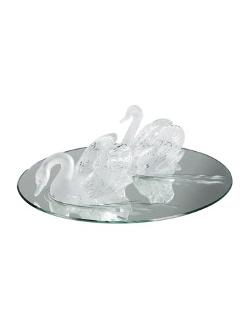 Lalique Decorative Accents Crystal Two Swans and Mirror Set