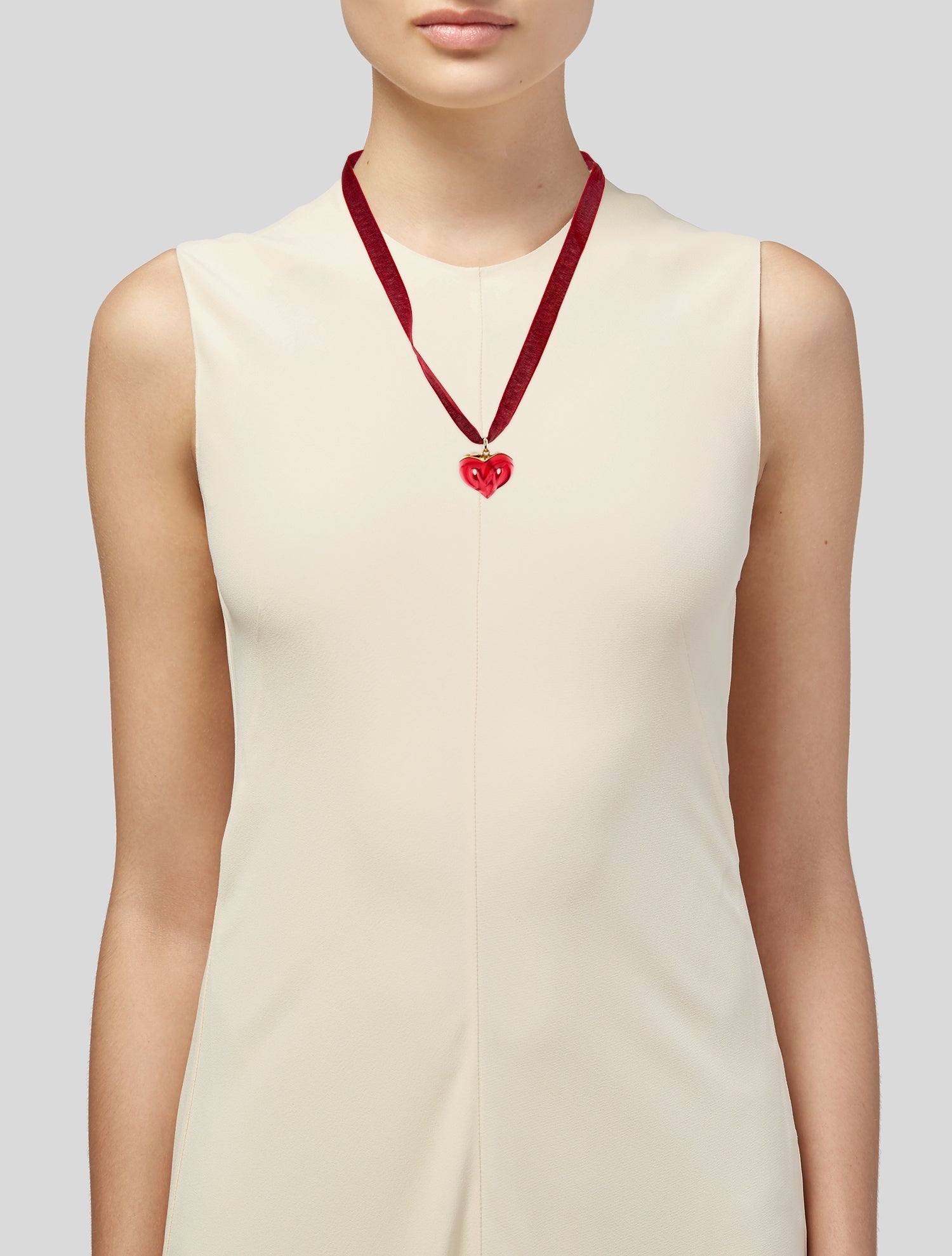Lalique Crystal & Ribbon Entwined Coeur Heart Pendant Necklace