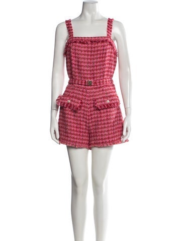 Pre-owned Le Superbe Tweed Pattern Square Neckline Romper In Pink