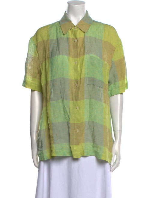 Leset Linen Plaid Print Button-Up Top