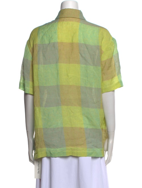 Leset Linen Plaid Print Button-Up Top