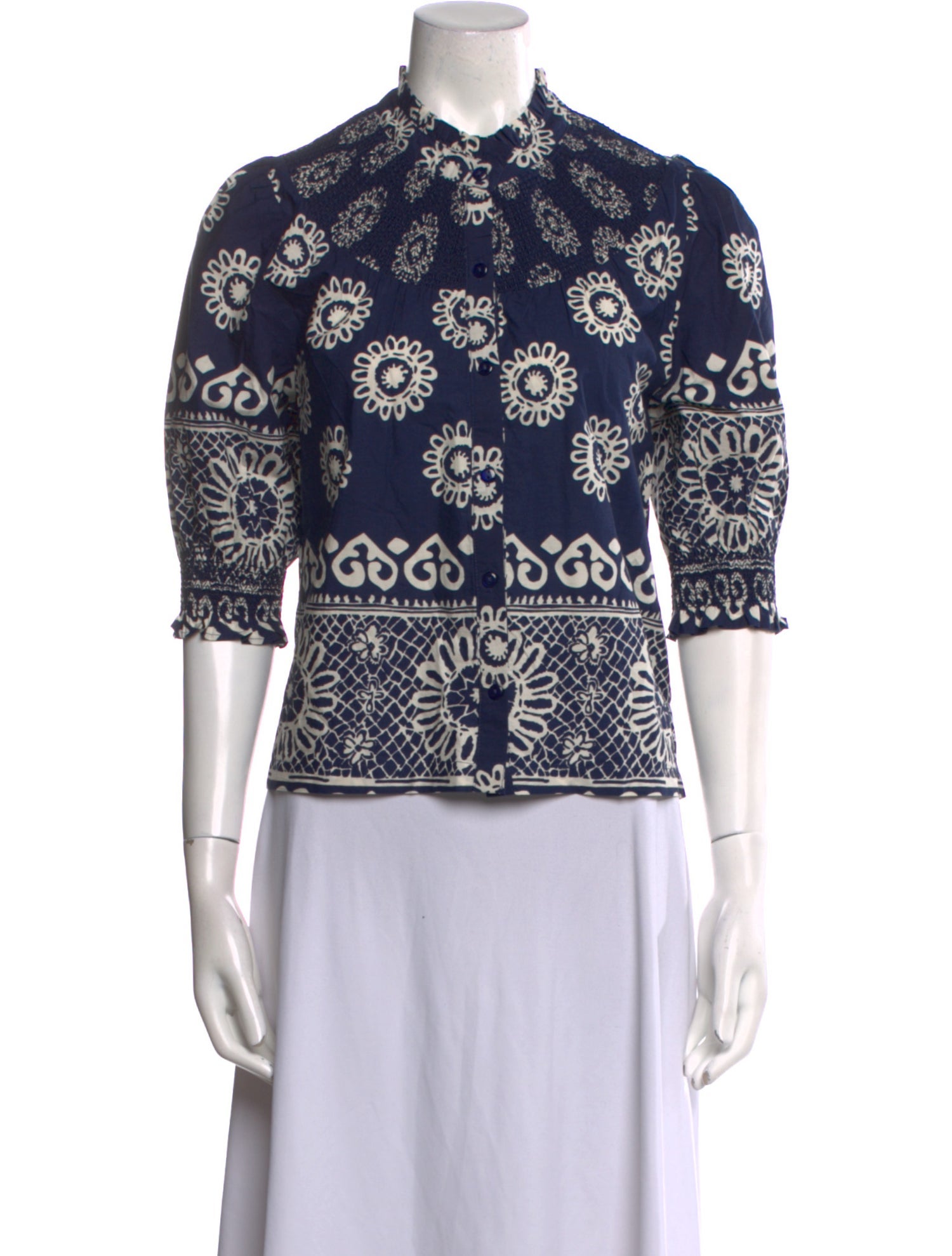 Love the Label Printed Mock Neck Button-Up Top