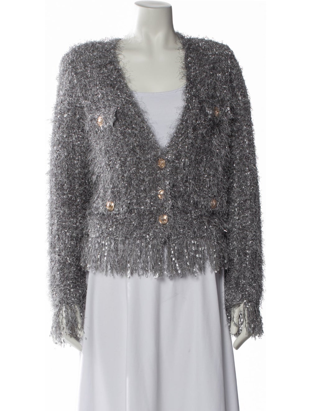 Milly Evening Jacket Grey Tweed Pattern Collarless - image 1