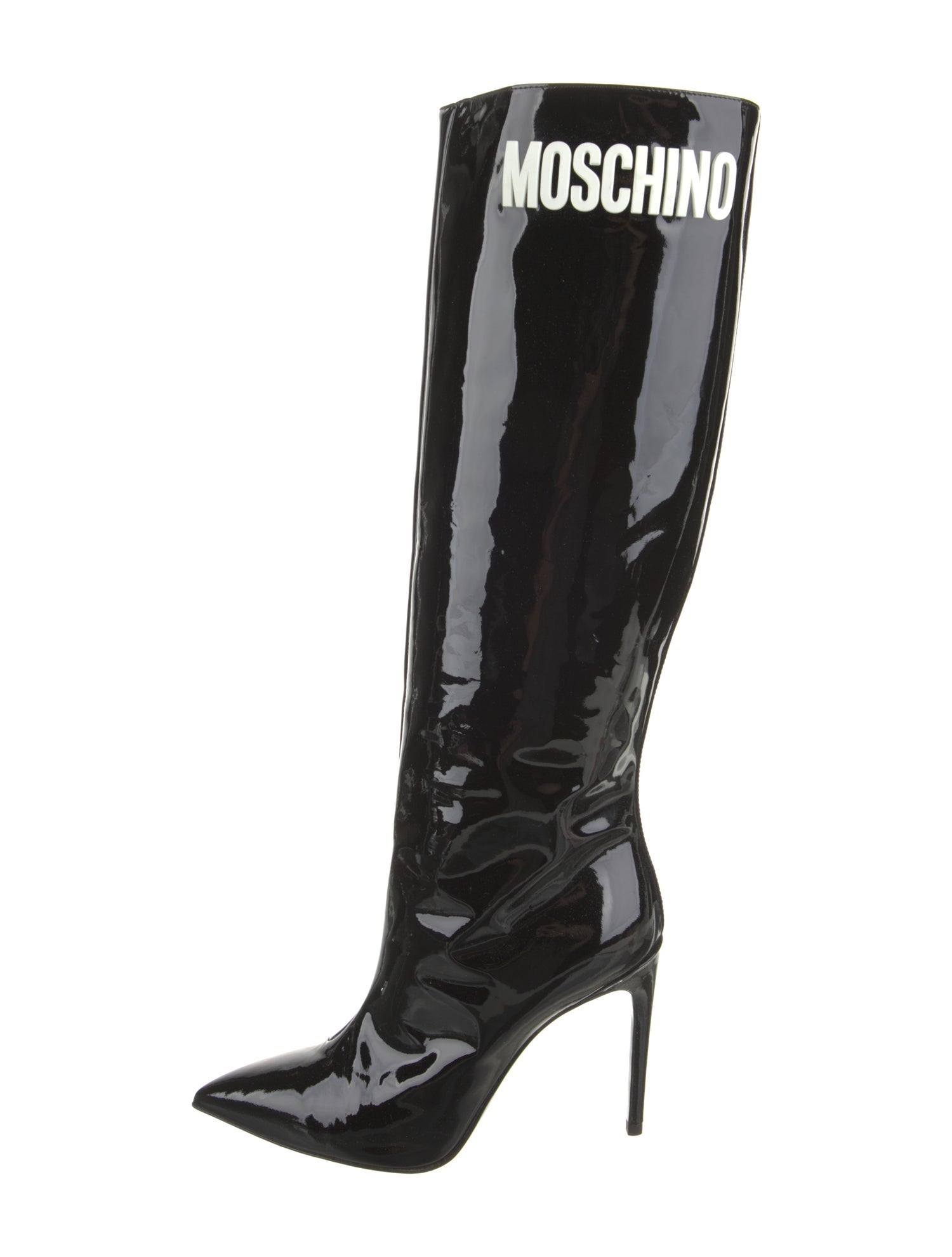Moschino Couture Patent Leather Graphic Print Boots w/ Tags