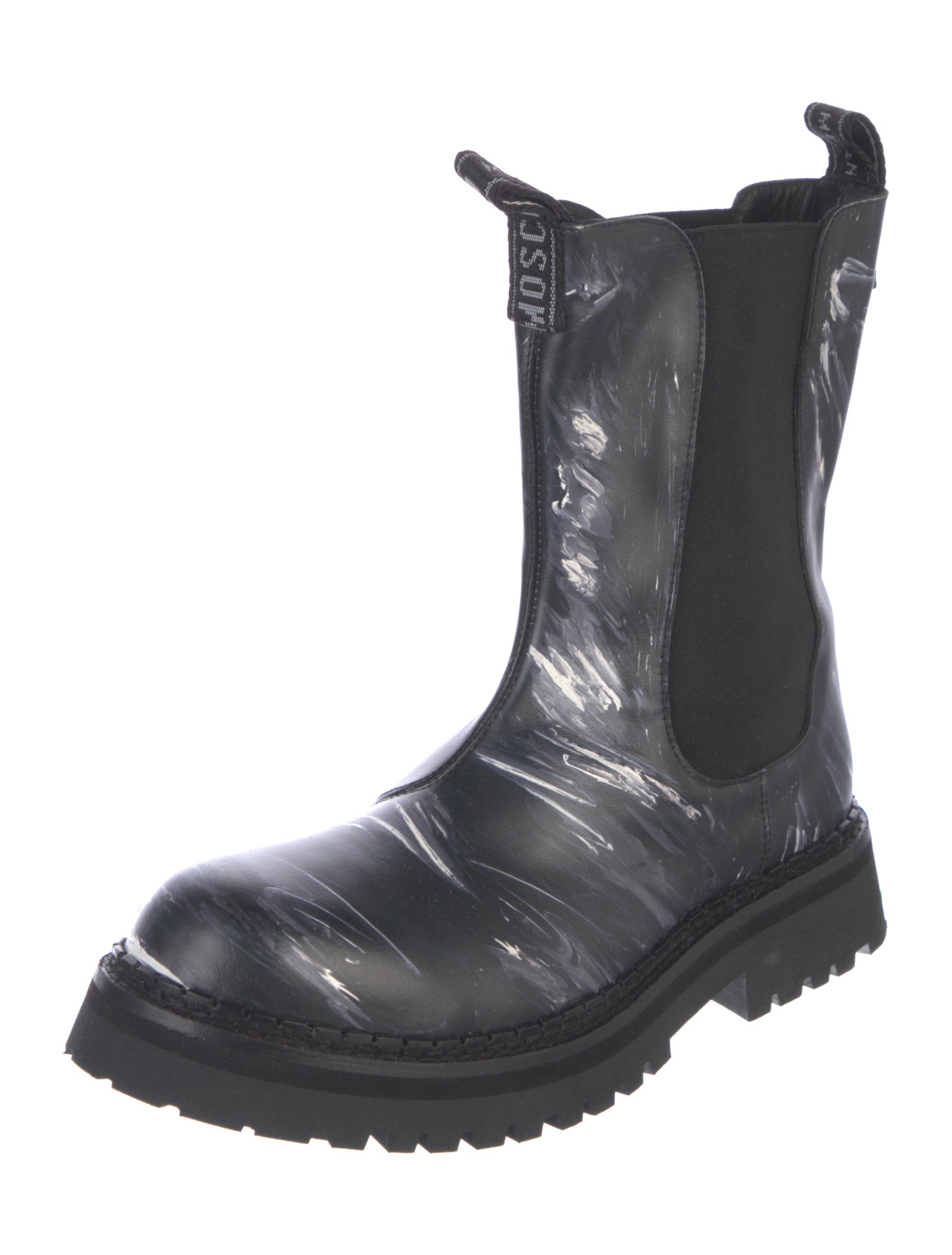 Moschino Couture Patent Leather Printed Combat Boots