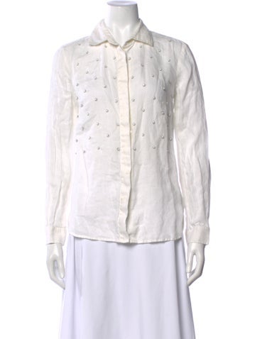Pre-owned Weekend Max Mara Linen Long Sleeve Button-up Top In White