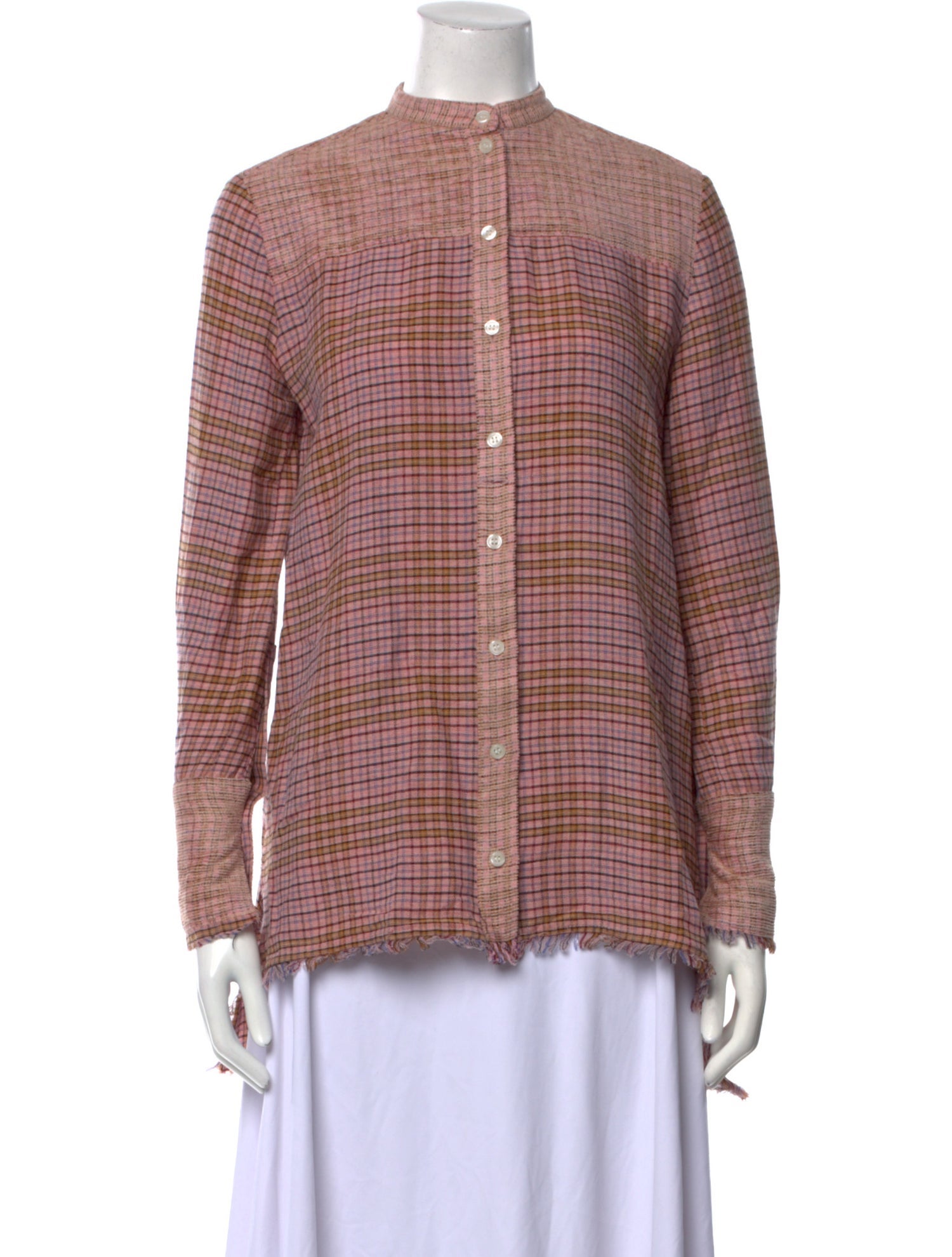 By Malene Birger Plaid Print Mock Neck Button-Up Top