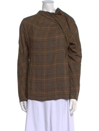 By Malene Birger Plaid Print Mock Neck Button-Up Top