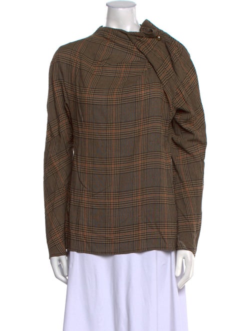 By Malene Birger Plaid Print Mock Neck Button-Up Top