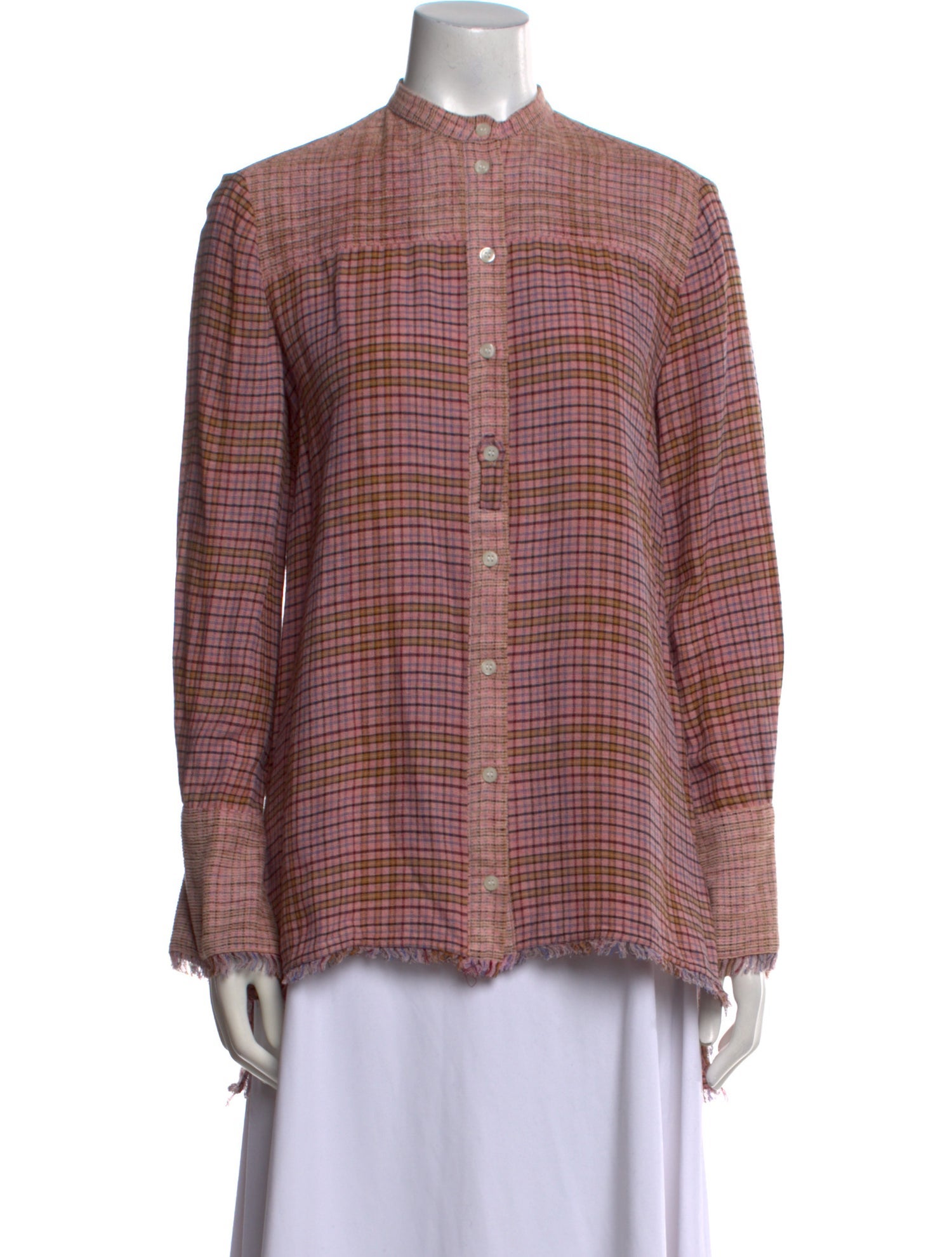 By Malene Birger Plaid Print Mock Neck Button-Up Top