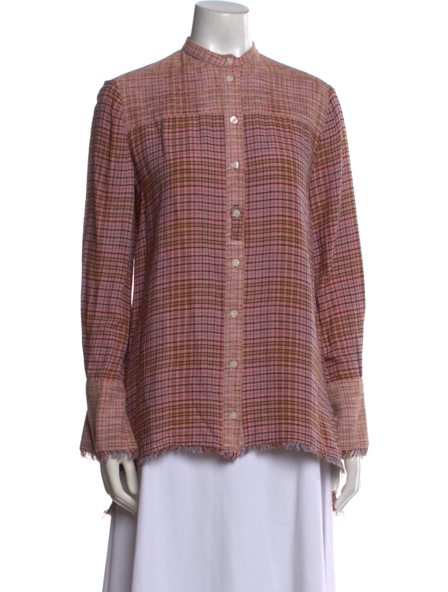 By Malene Birger Plaid Print Mock Neck Button-Up Top