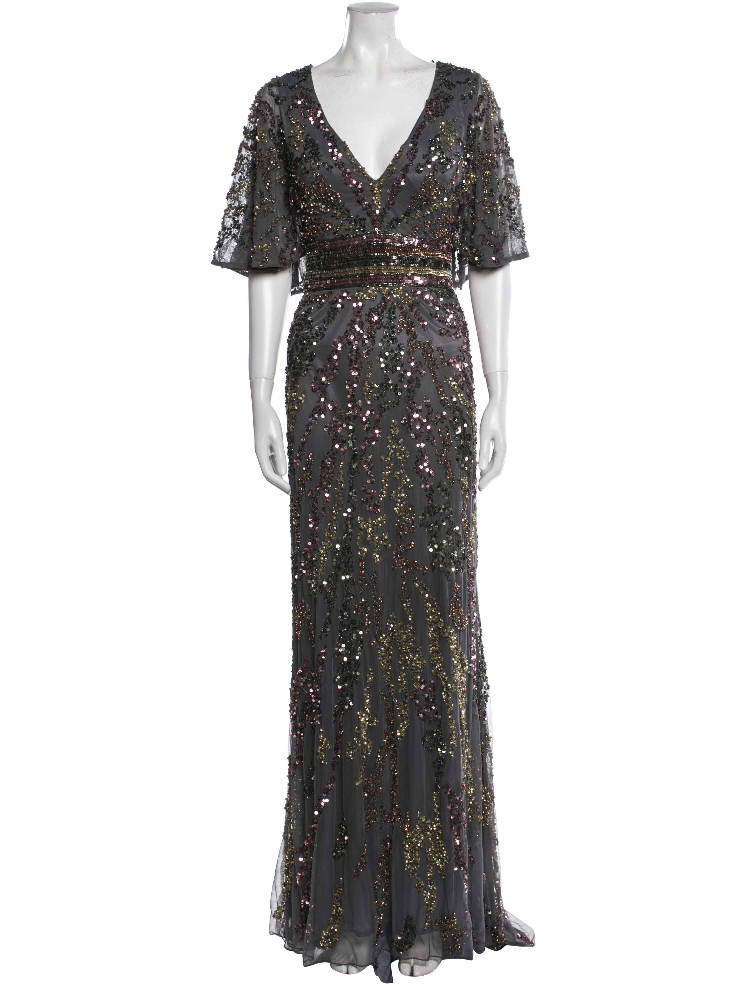 Mac Duggal VNeck Long Dress Grey Dresses, Clothing WMDGL23141