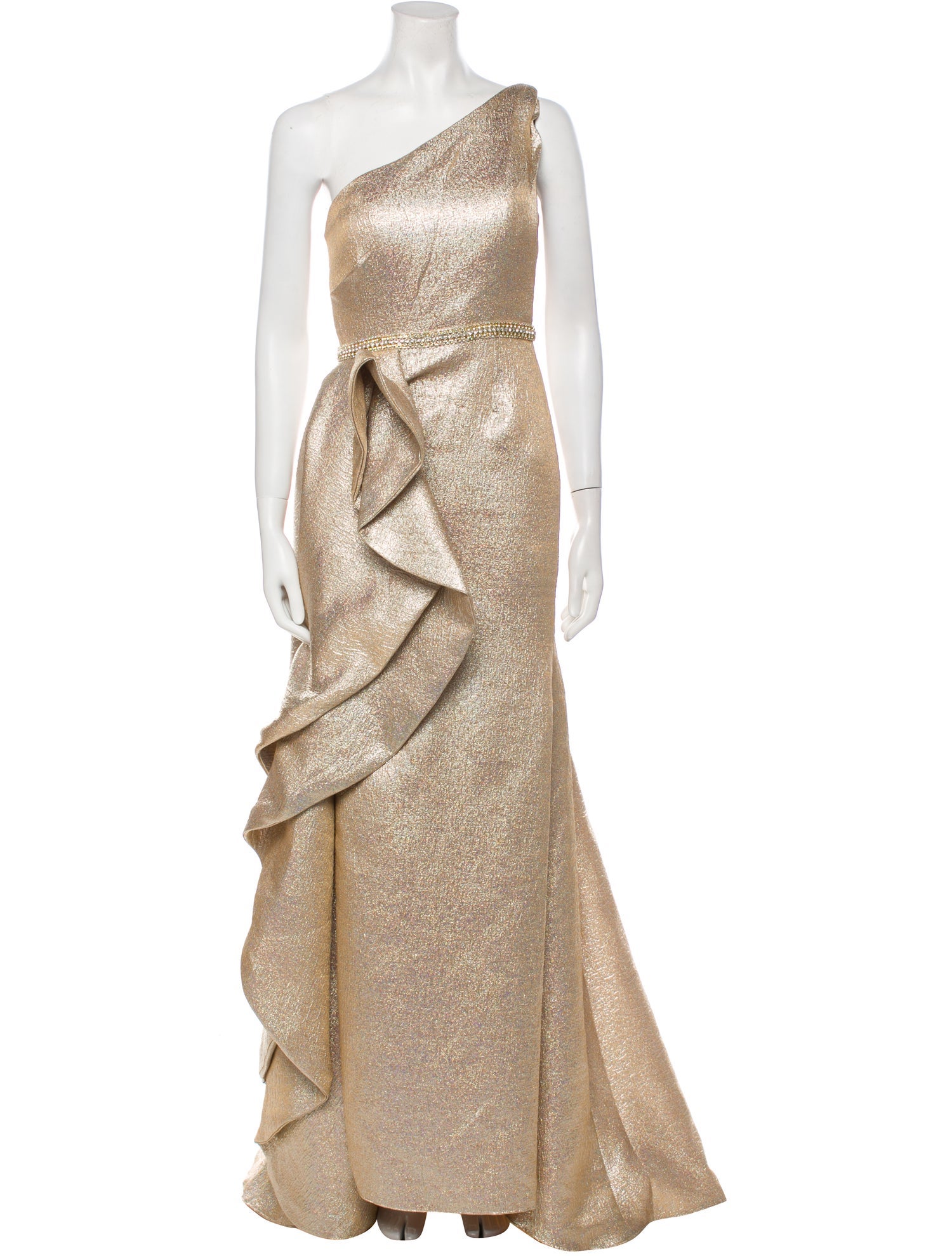 slim fit dress slacks Gold Metallic Pleated One Shoulder Gown main image 1