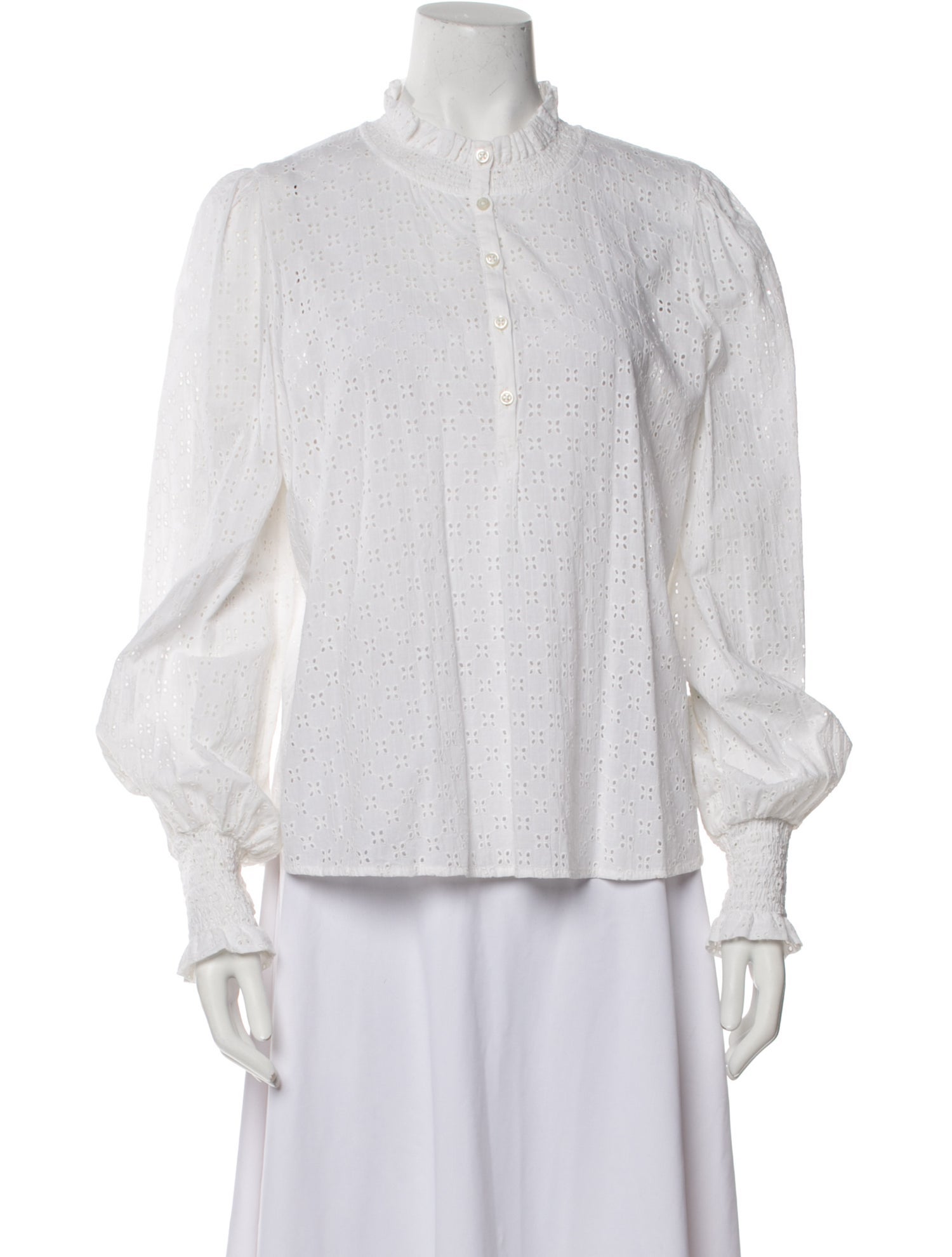 ME+EM Lace Pattern Mock Neck Button-Up Top