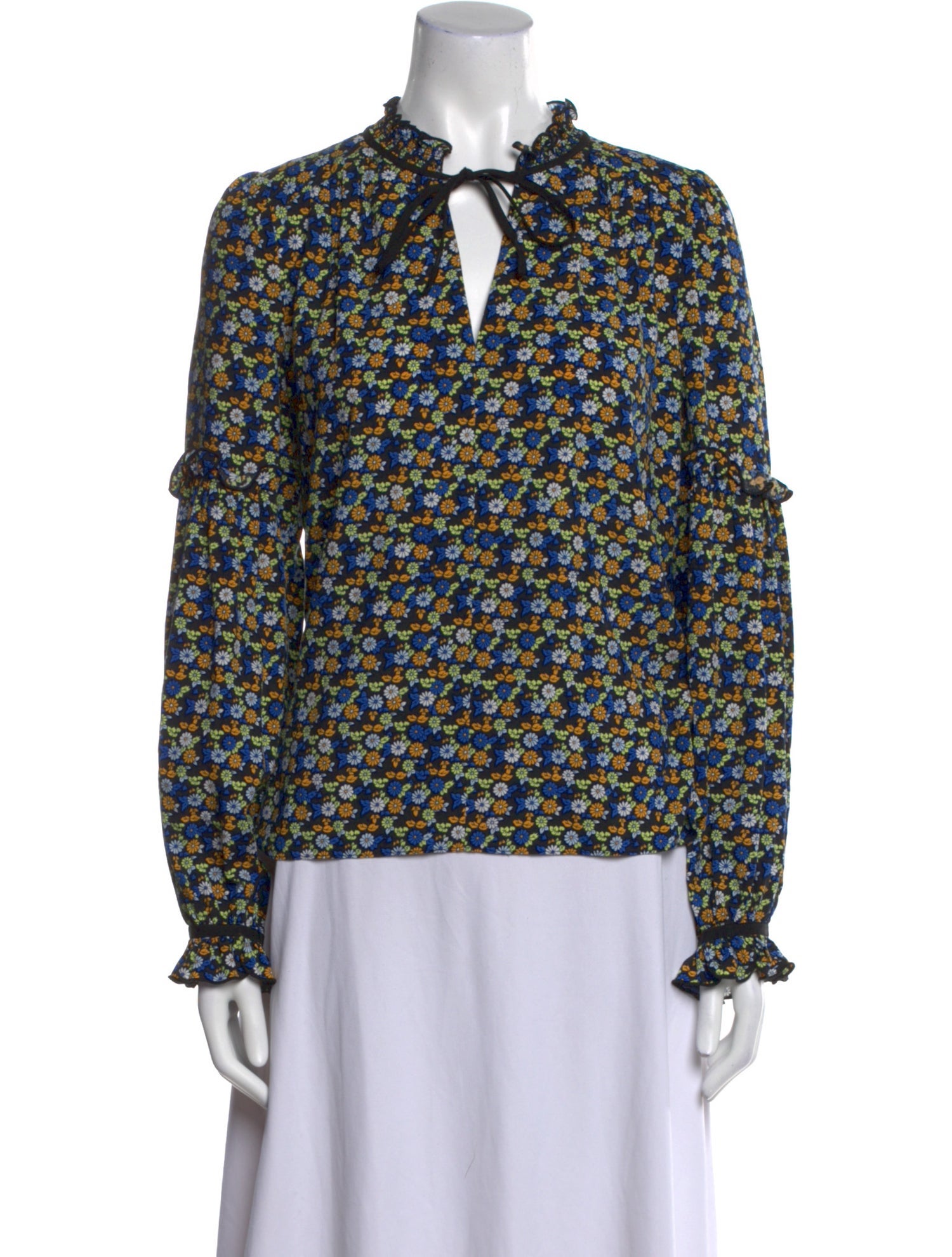 ME+EM Floral Print Tie Neck Blouse