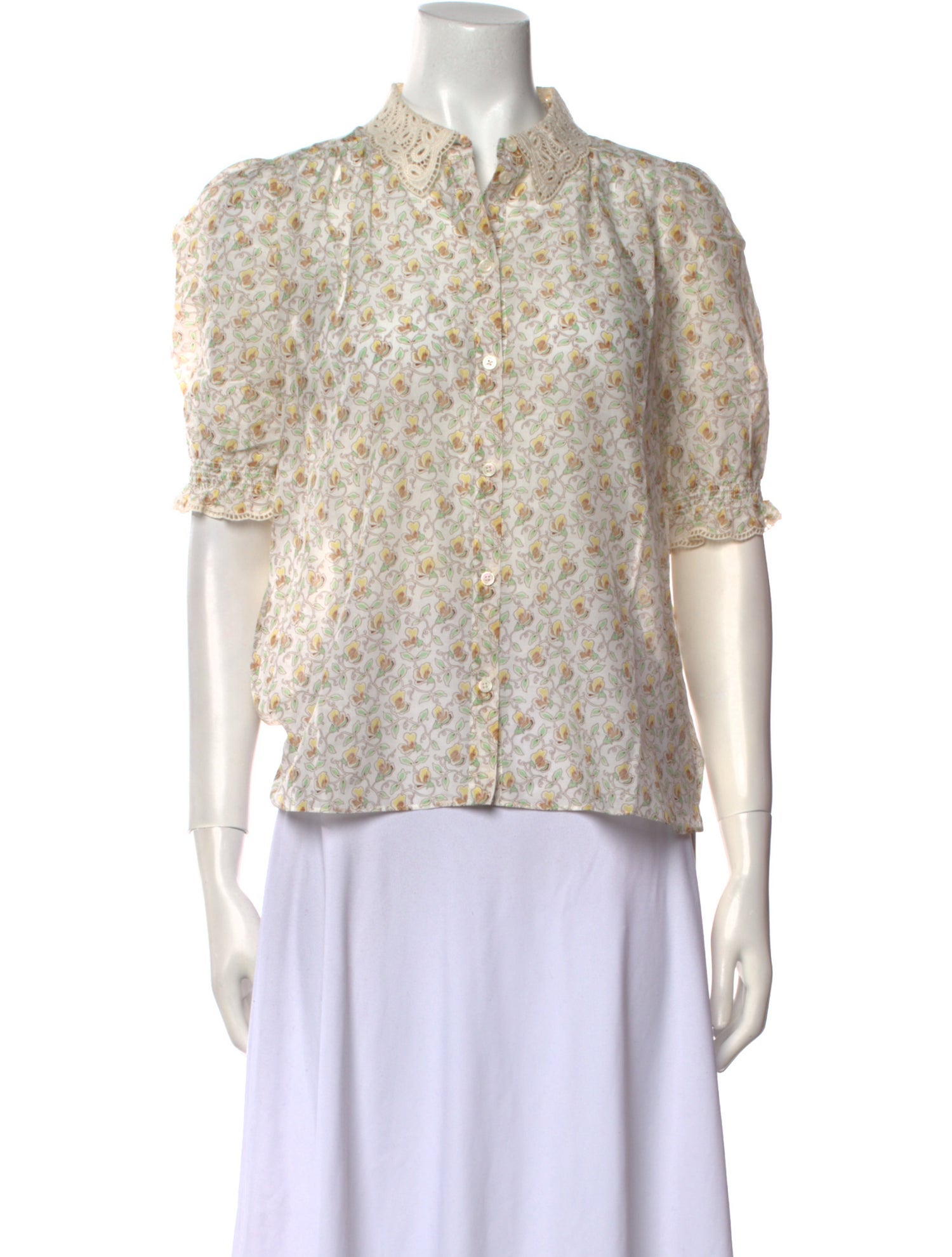 ME+EM Floral Print Mock Neck Button-Up Top