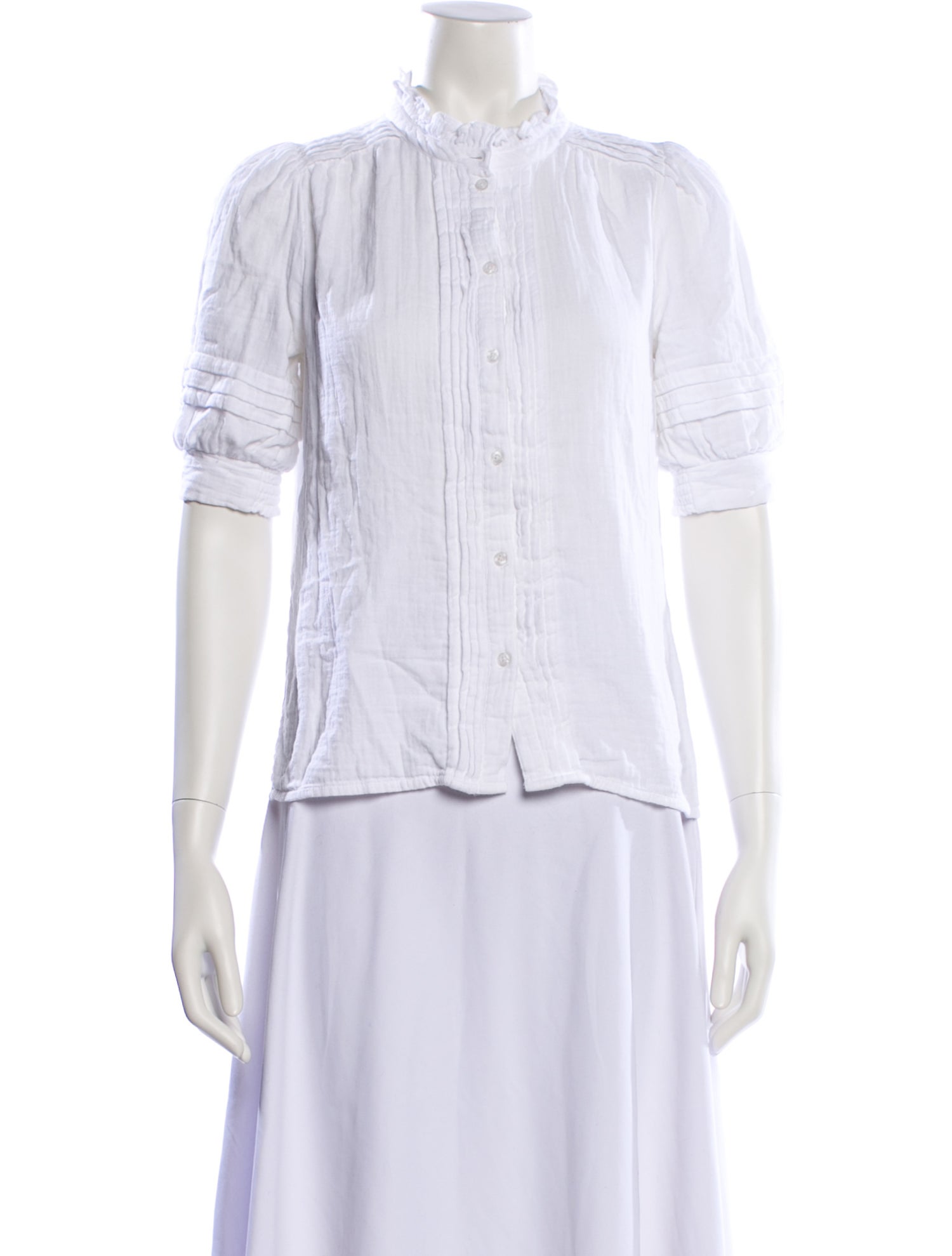 ME+EM Mock Neck Short Sleeve Button-Up Top