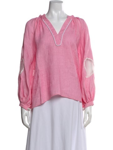 Pre-owned Michelle Farmer Linen V-neck Blouse W/ Tags In Pink
