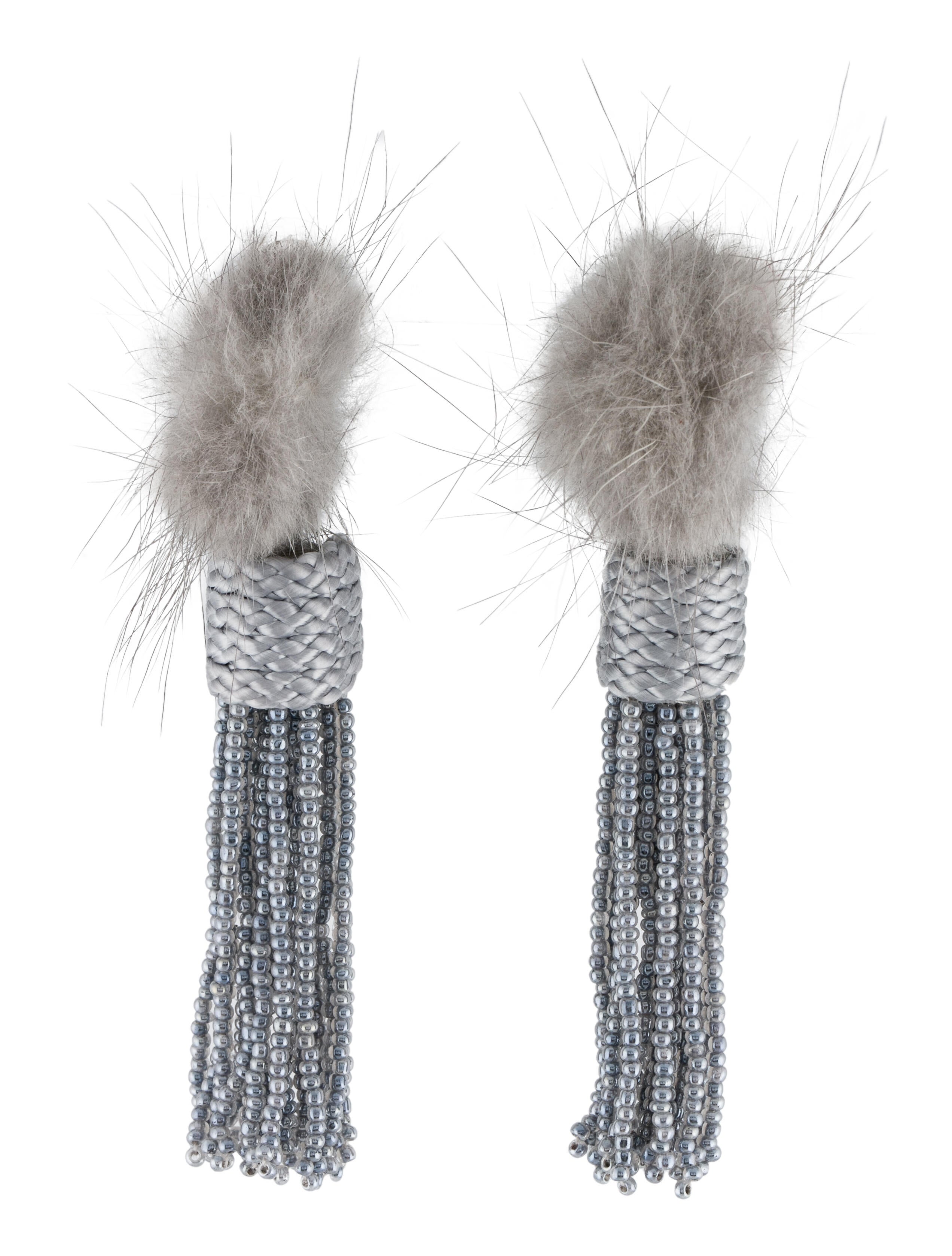Mignonne Gavigan Fur, Silk Cord, & Bead Drop Earrings SilverTone