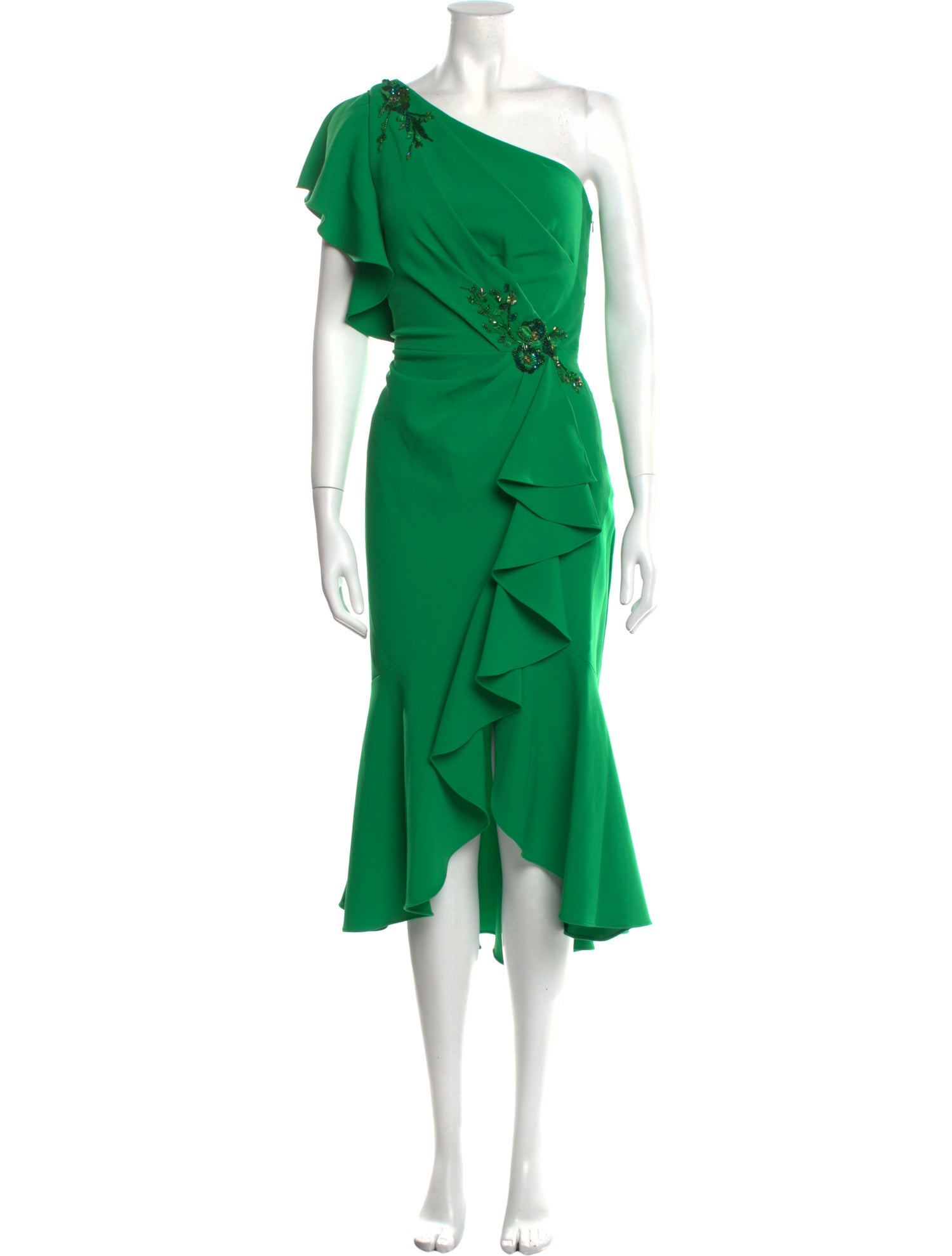 marchesa notte green dress Marchesa Notte Floral Embellished Satin 3/4 Sleeve Dress (Teal) – The  Closet New York
