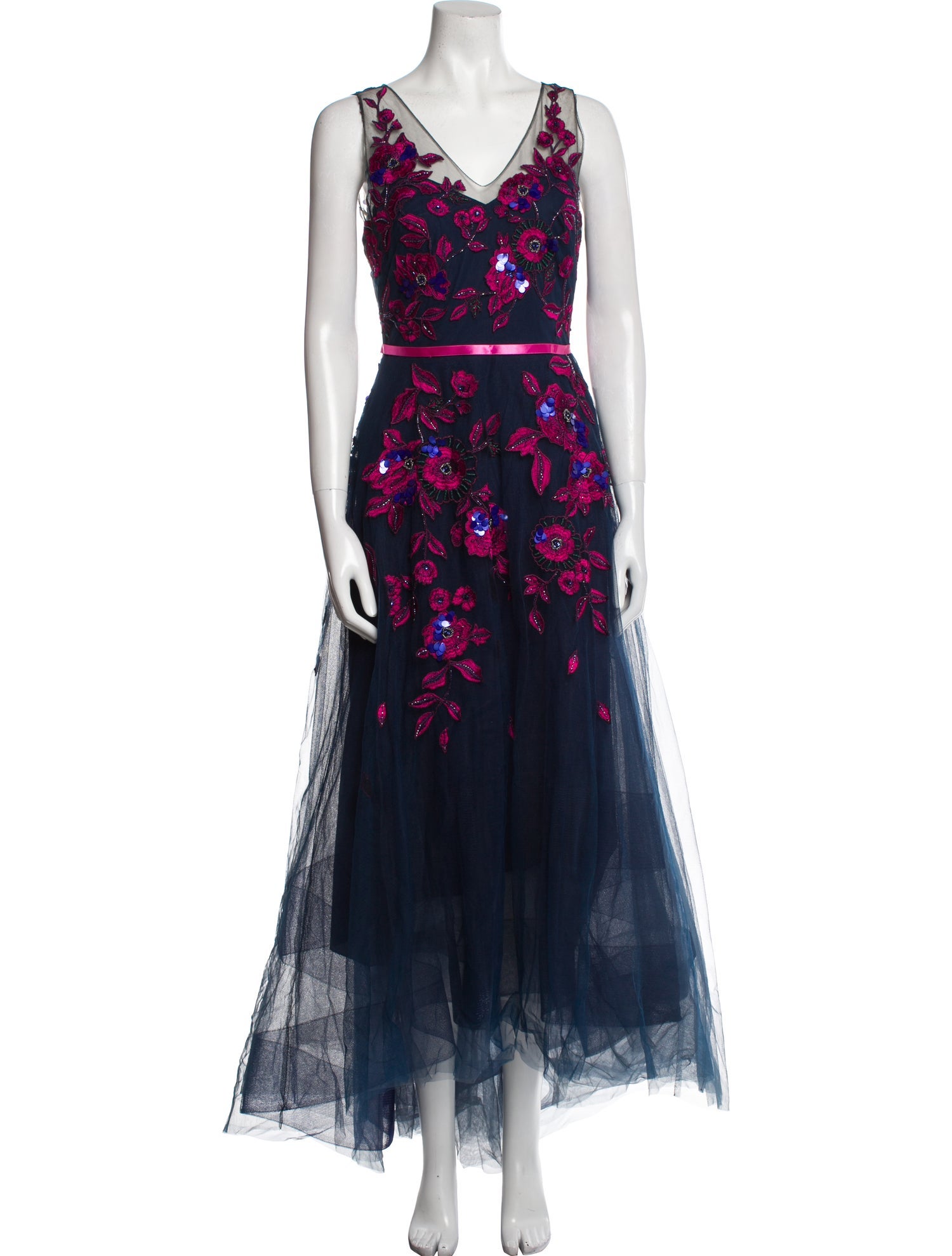 Marchesa Notte Floral Print Long Dress Blue Dresses, Clothing