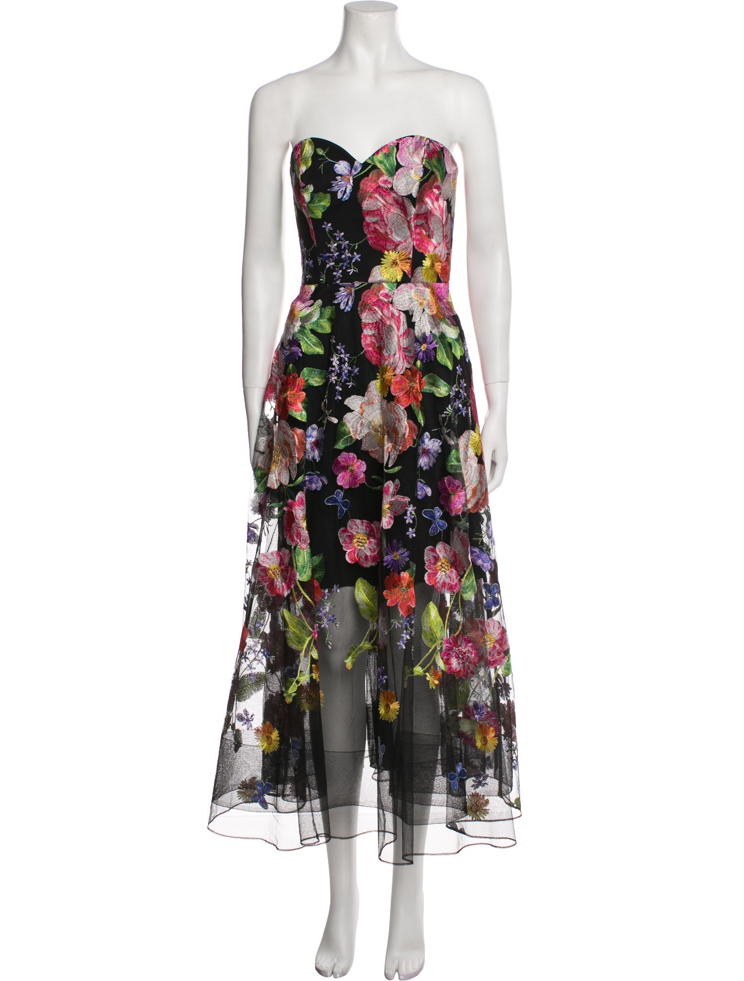 marchesa notte floral embroidered dress Square Neck Embroidery Tea-Length Tulle Puff Sleeves Floral Corset Prom  Dress main image 0