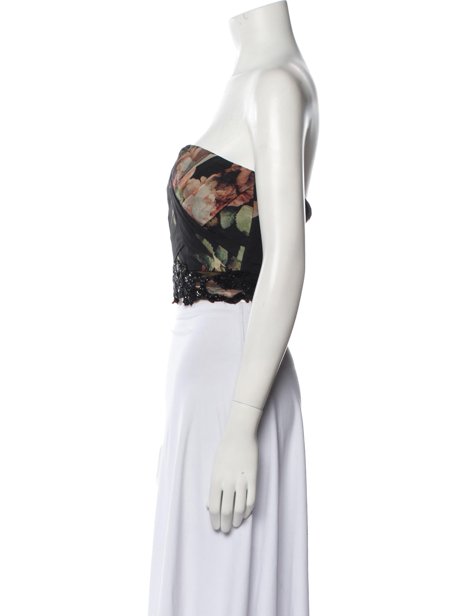 Marchesa Notte Floral Print Strapless Crop Top