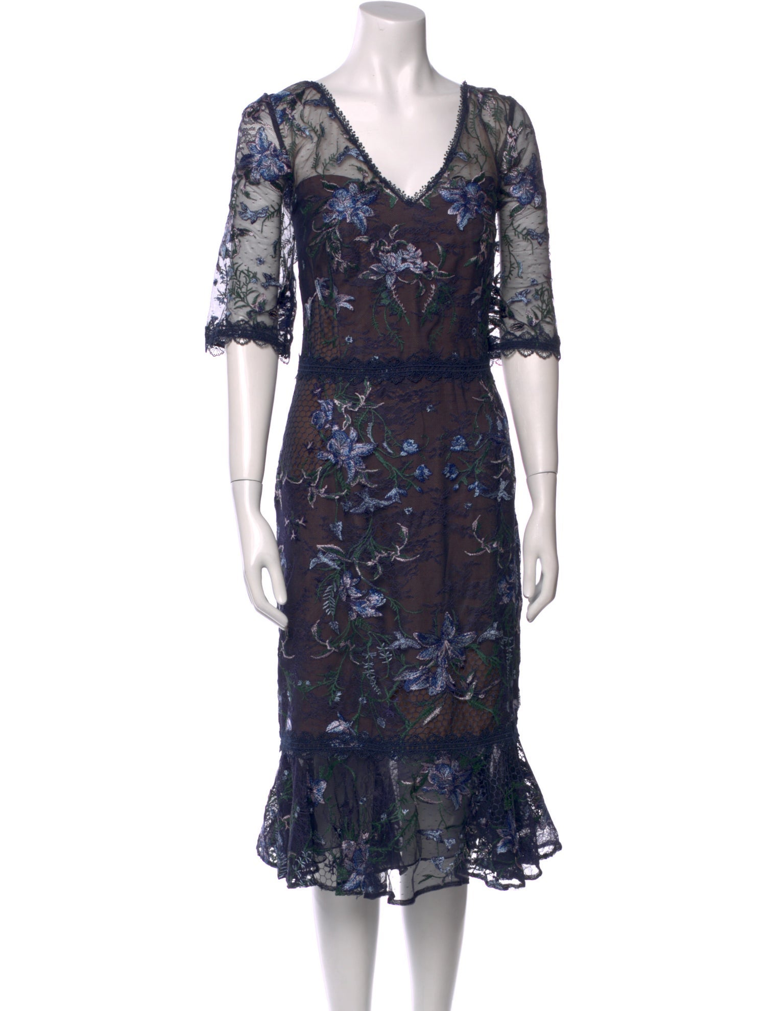 Marchesa Notte Floral Print Midi Length Dress