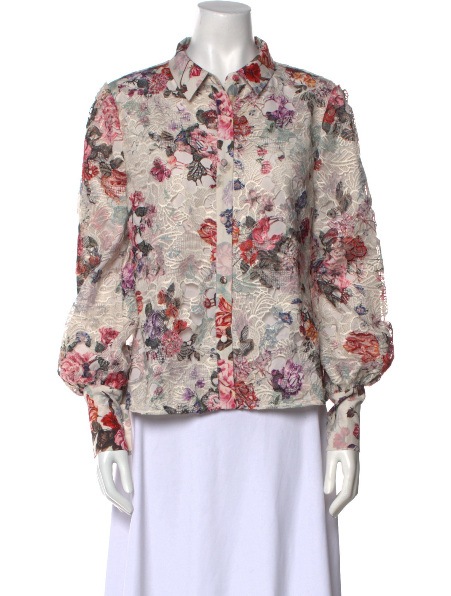Marchesa Notte Floral Print Long Sleeve Button-Up Top
