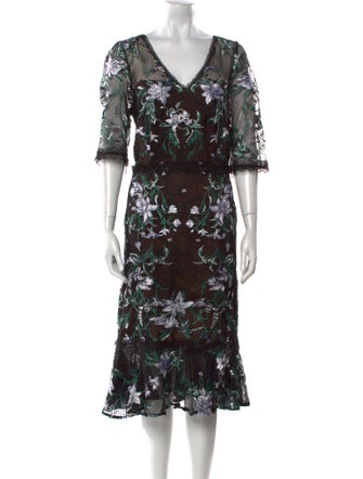 Marchesa Notte Floral Print Midi Length Dress