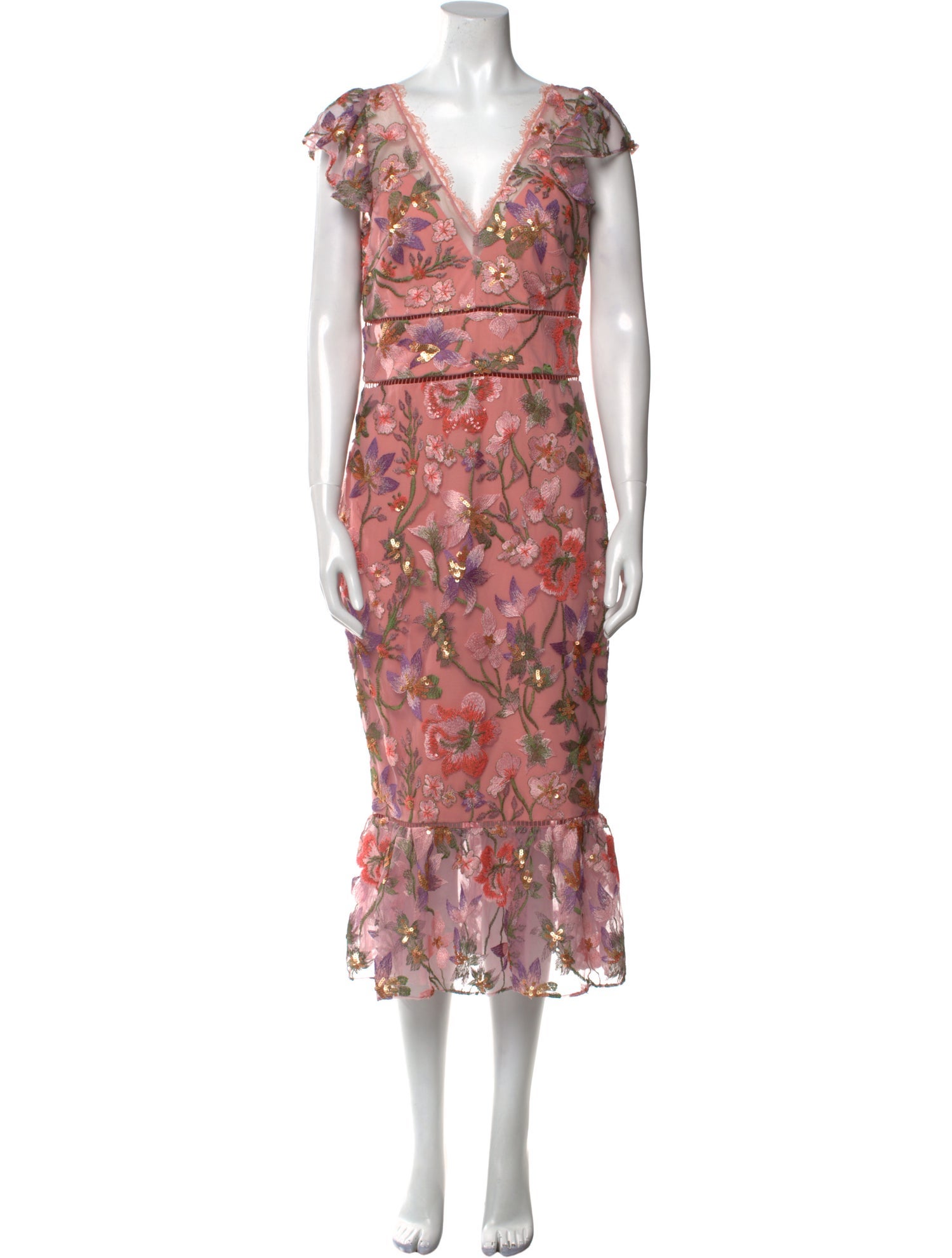 Marchesa Notte Floral Print Midi Length Dress