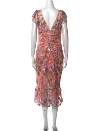 Marchesa Notte Floral Print Midi Length Dress