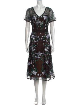 Marchesa Notte Floral Print Midi Length Dress