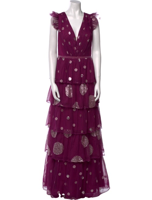 Marchesa Notte Polka Dot Print Long Dress