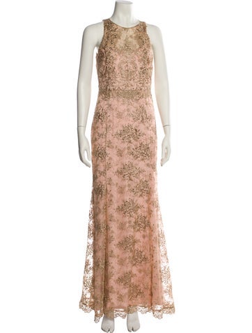 Pre-owned Marchesa Notte Lace Pattern Long Dress In Neutral
