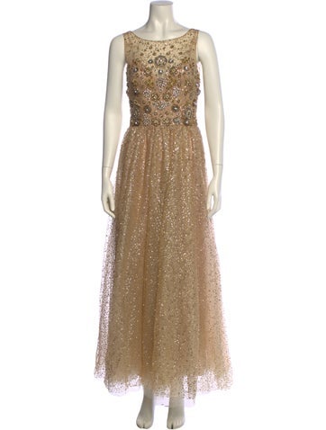 Pre-owned Marchesa Notte Bateau Neckline Long Dress In Neutral