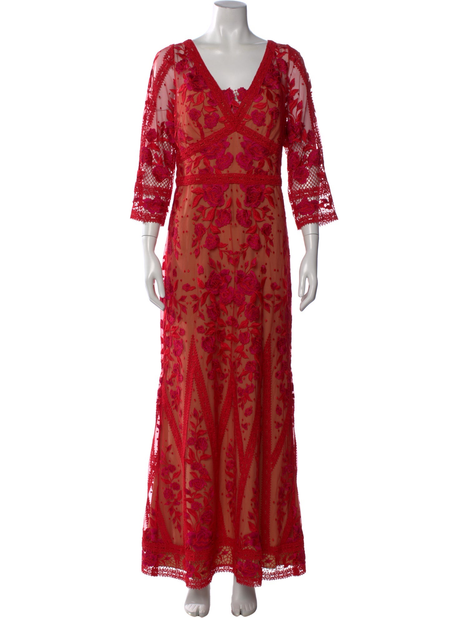 Marchesa Notte Floral Print Long Dress - Red Dresses, Clothing