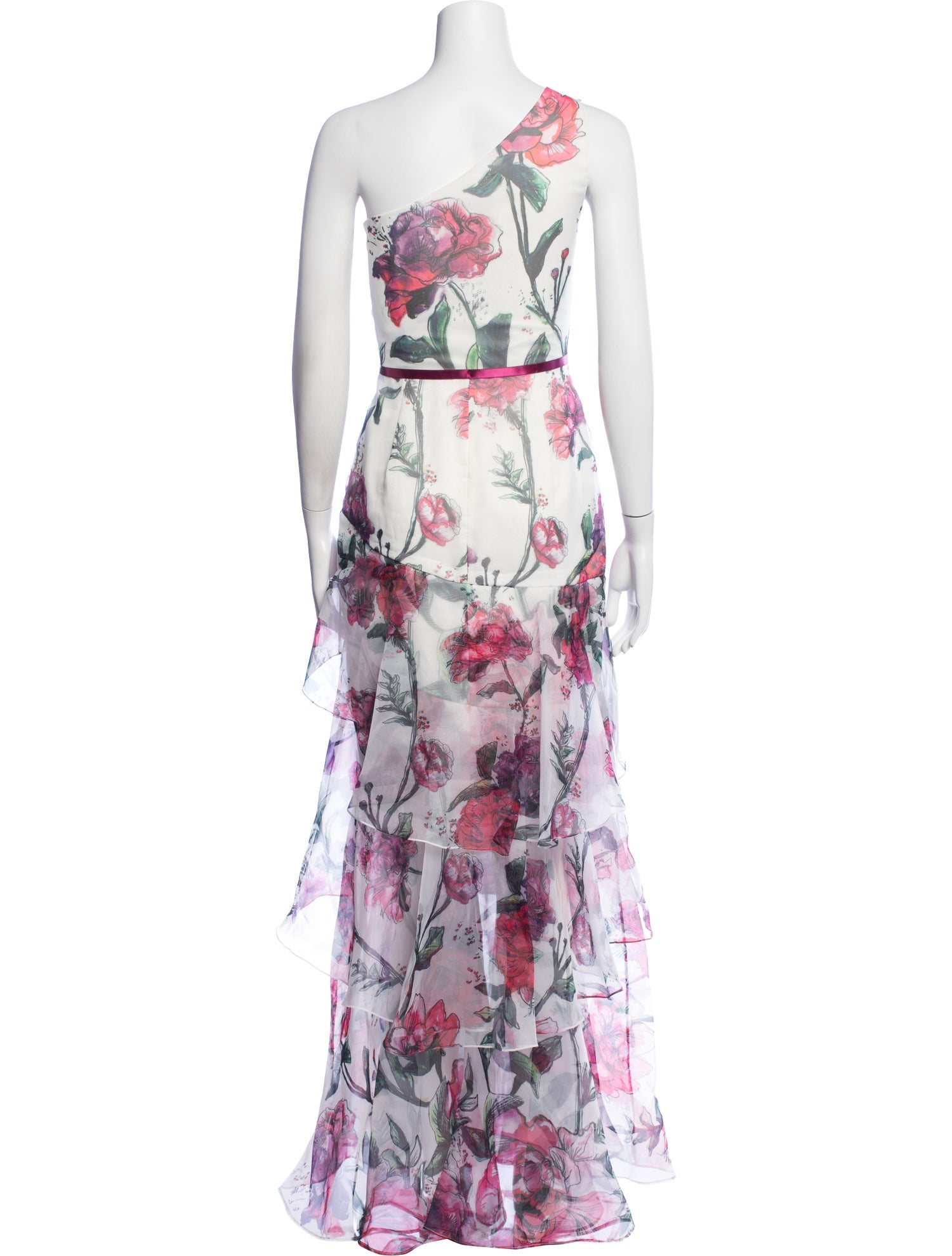 Marchesa Notte One-Shoulder Printed Floral Gown - White