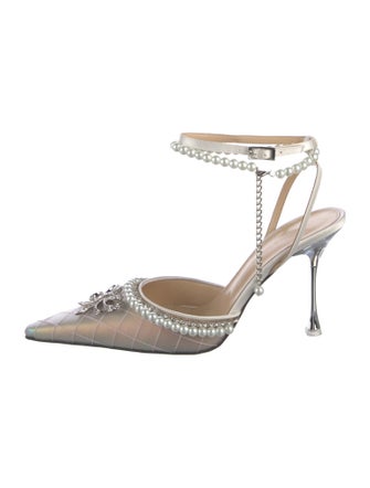Mach & Mach Faux Pearl Accents Satin Slingback Pumps