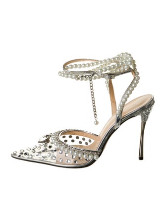 Mach & Mach Leather Crystal Embellishments Slingback Pumps
