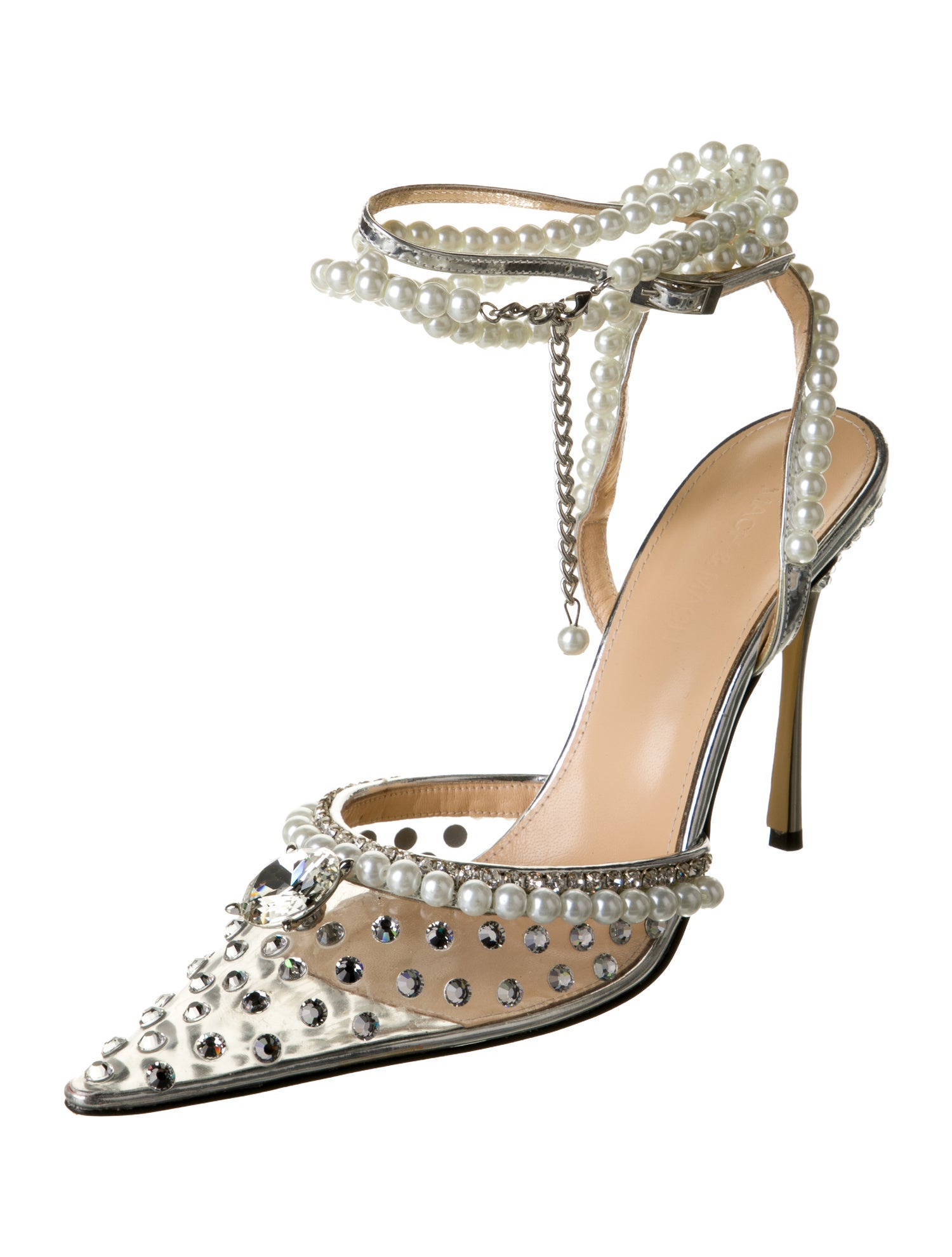 Mach & Mach Leather Crystal Embellishments Slingback Pumps