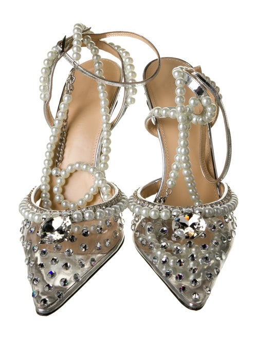 Mach & Mach Leather Crystal Embellishments Slingback Pumps