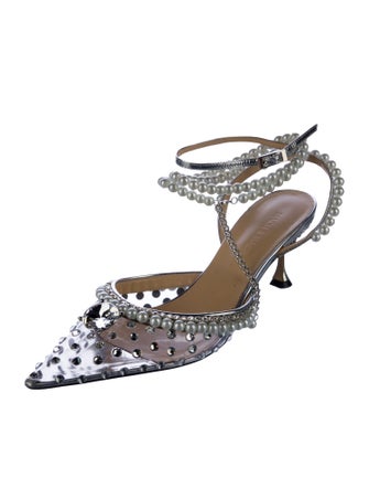 Mach & Mach Leather Crystal Embellishments Slingback Pumps