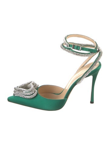Pre-owned Mach&mach Satin Crystal Embellishments Slingback Pumps In Green