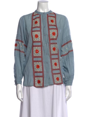 Pre-owned Maison Hotel Floral Print Long Sleeve Blouse W/ Tags In Blue