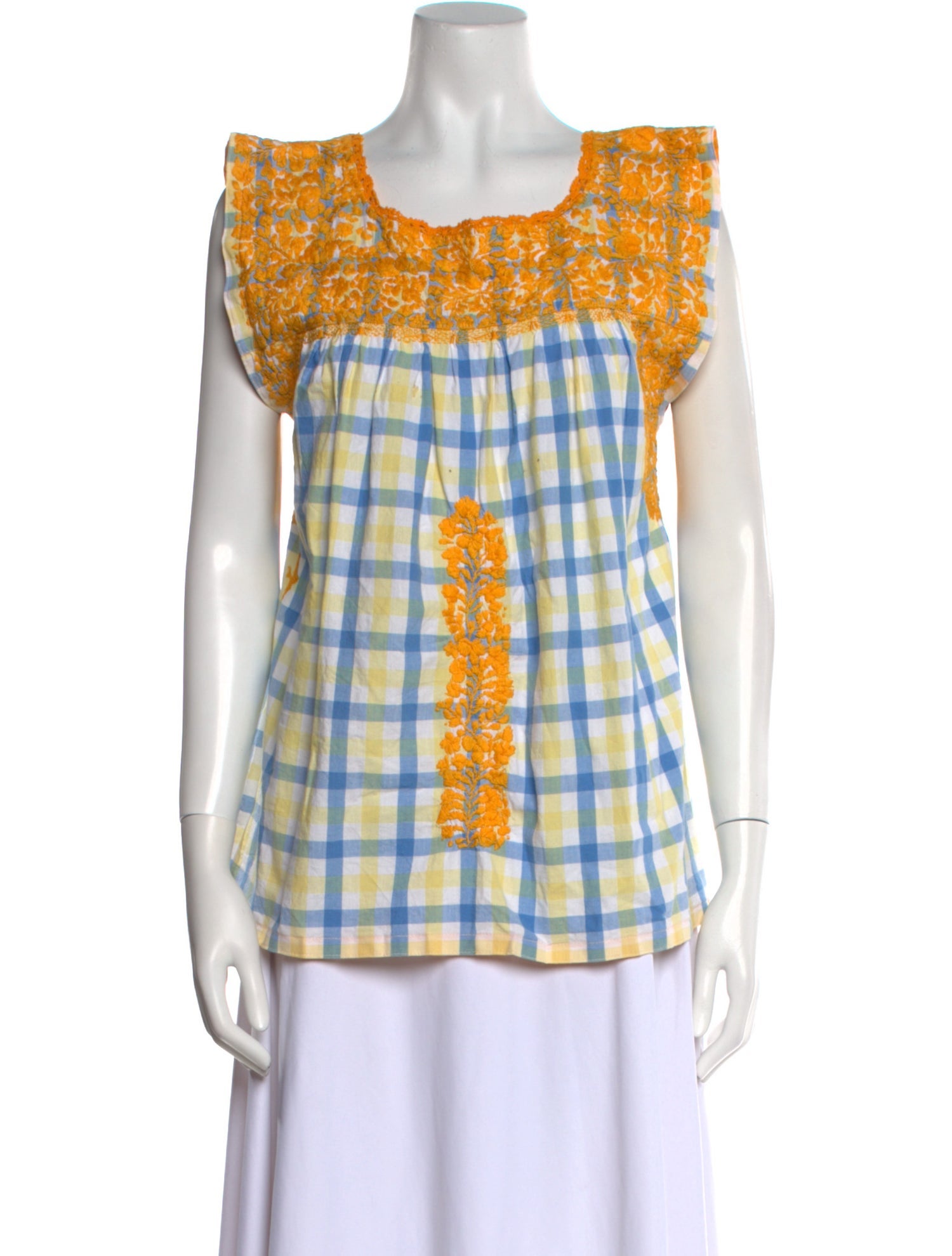 Mi Golondrina Plaid Print Square Neckline Blouse