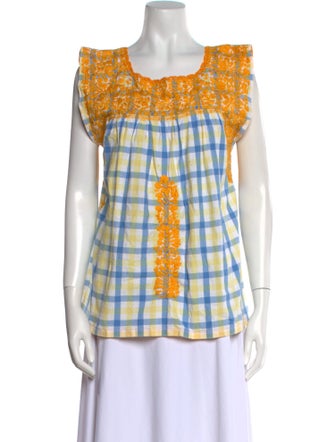 Mi Golondrina Plaid Print Square Neckline Blouse