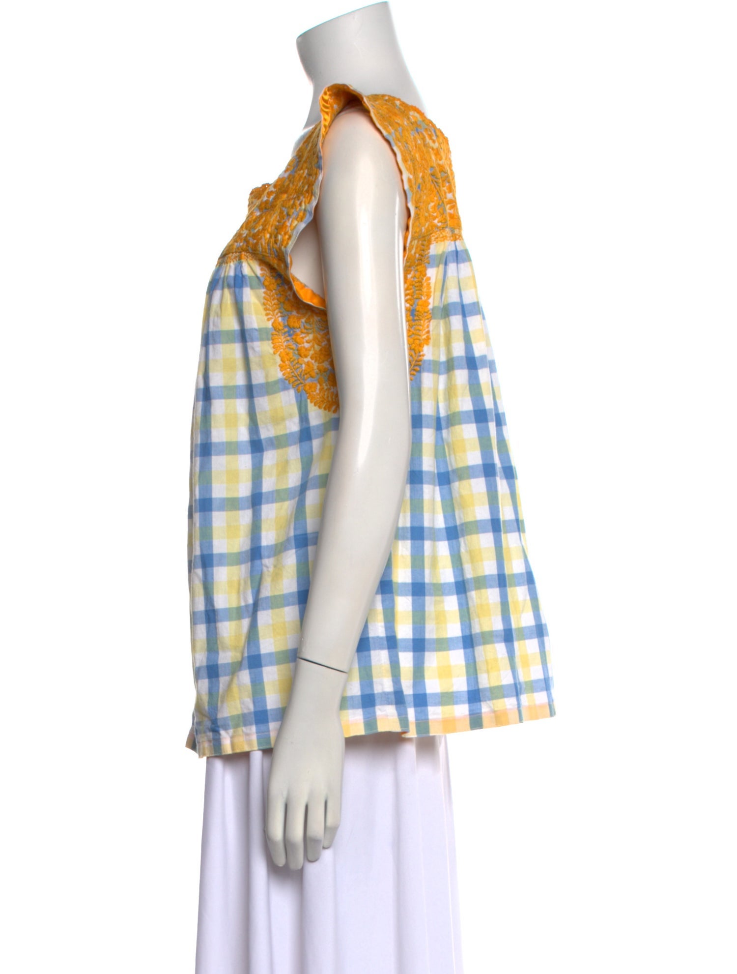 Mi Golondrina Plaid Print Square Neckline Blouse