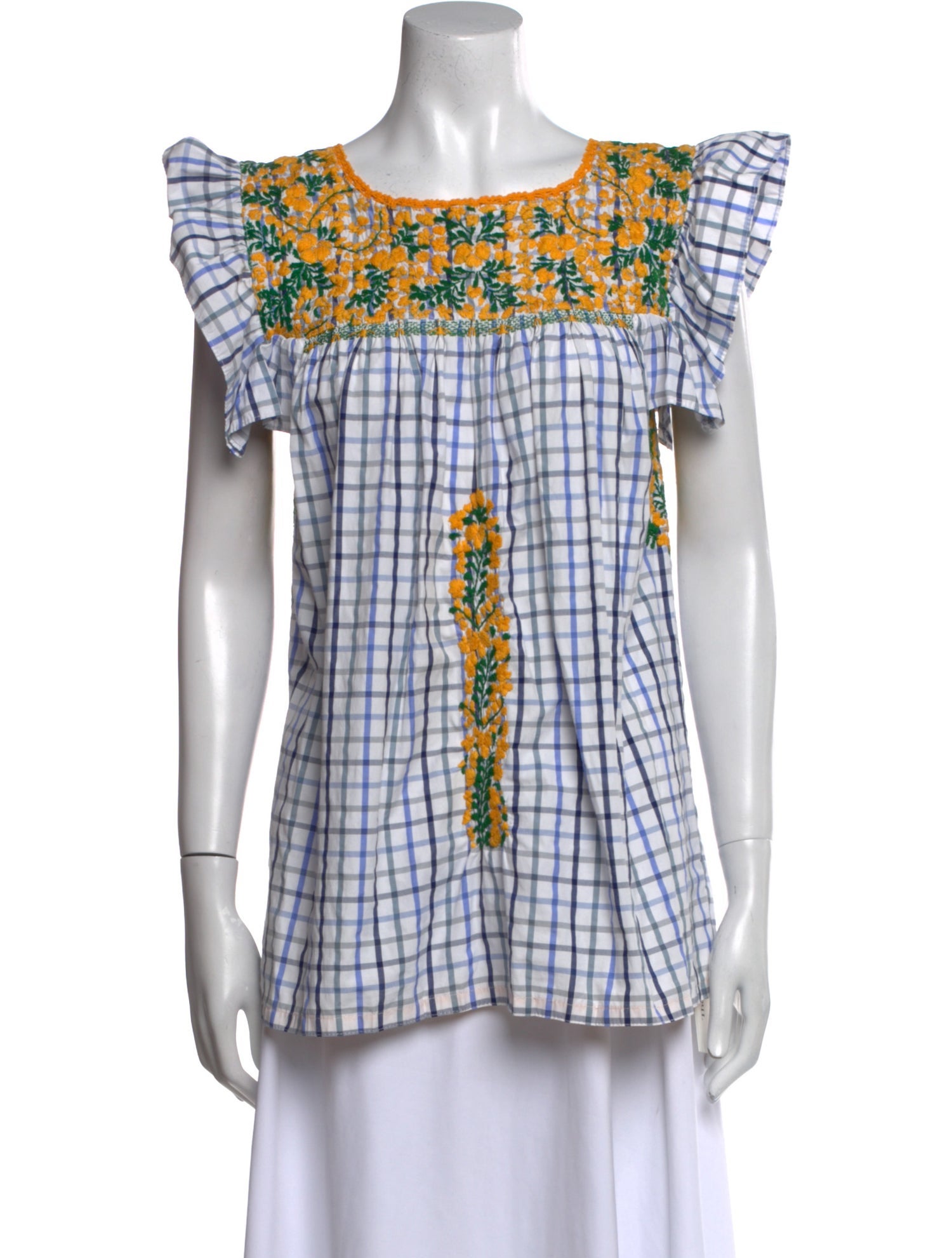 Mi Golondrina Plaid Print Square Neckline Top