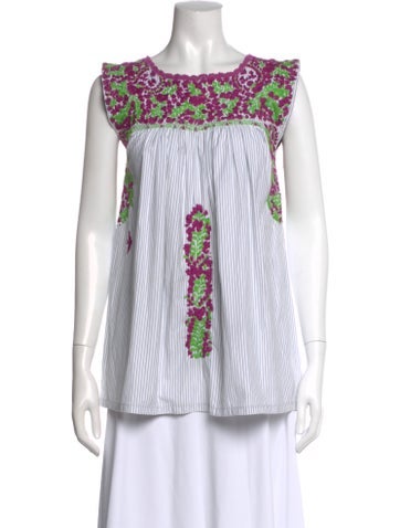 Pre-owned Mi Golondrina Floral Print Crew Neck Blouse In Blue